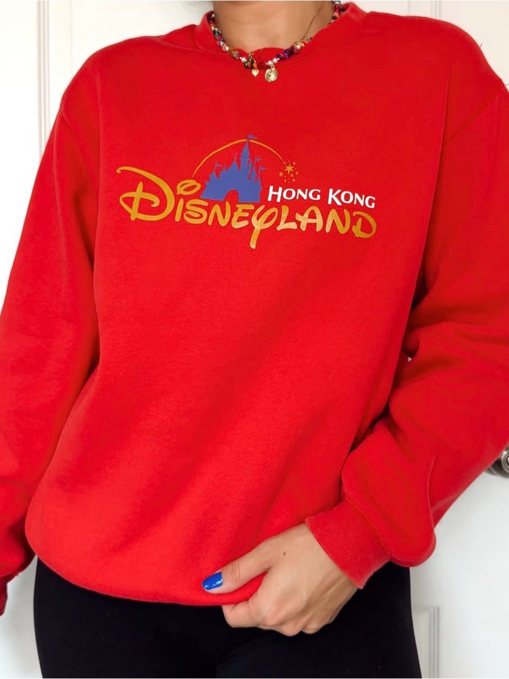 Disney Hong Kong Red Crewneck Sweatshirt with Yellow Logo